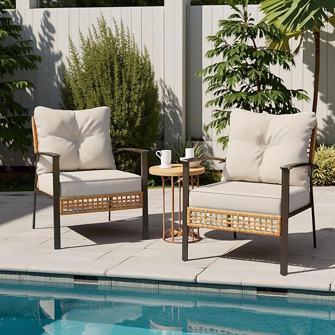 LAUSAINT HOME Outdoor Rattan Bistro Set, Patio Furniture Wicker Chairs Set of 2 with Deep Seating and Thick Cushions, Oversize Conversation Set for Garden, Balcony and Backyard (Beige)