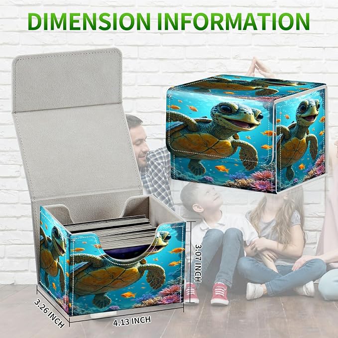 Card Deck Box for MTG, Cards Storage Box Fits 120+ Sleeved, Leather Small Size Strong Magnetic Closing Card Case for Board Games Magic TCG CCG Baseball Collection, Baby Sea Turtle