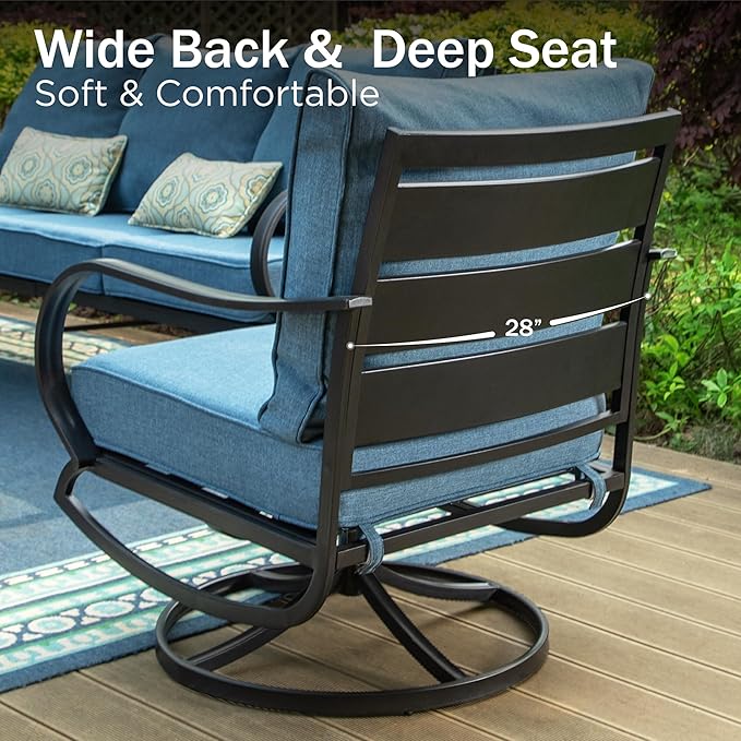 PHI VILLA 5 Piece Patio Furniture Set with 28" Firepit Table, 4 Outdoor 5.75" Cushioned Metal Frame Swivel Sofa Chairs & 28" Gas Firepit Table, Outside Furniture Set for Lawn Garden(Navy Blue)