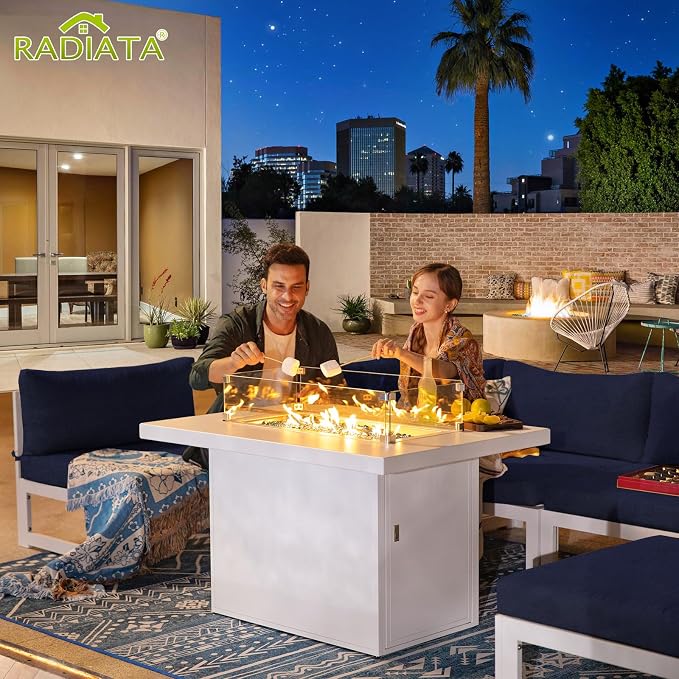 RADIATA 11 Pcs Oversized Contemporary Aluminum Patio Furniture Set, All Weather Modular Sectional Sofa with Tanning Chair & Fireplace, 500 lbs Heavy Duty Comfy Outdoor Couch for Beach Deck, Navy Blue