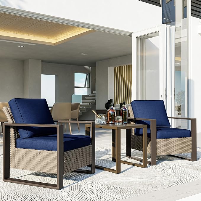 3 Piece Patio Chair Set, Outdoor Wicker Chair and Side Table, Metal Patio Furniture with Deep Seating, Thicken Cushions for Deck, Porch, Yard Use (Blue, 3 PCS/Chairs)