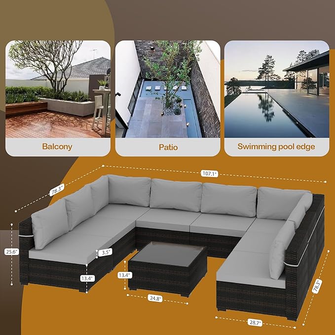 UPHA 9 Pieces Patio Furniture Sets, Wicker Outdoor Sectional Sofa Couch with Coffee Table, Patio Conversation Set for Deck Backyard Garden, Brown Rattan, Light Gray Cushion