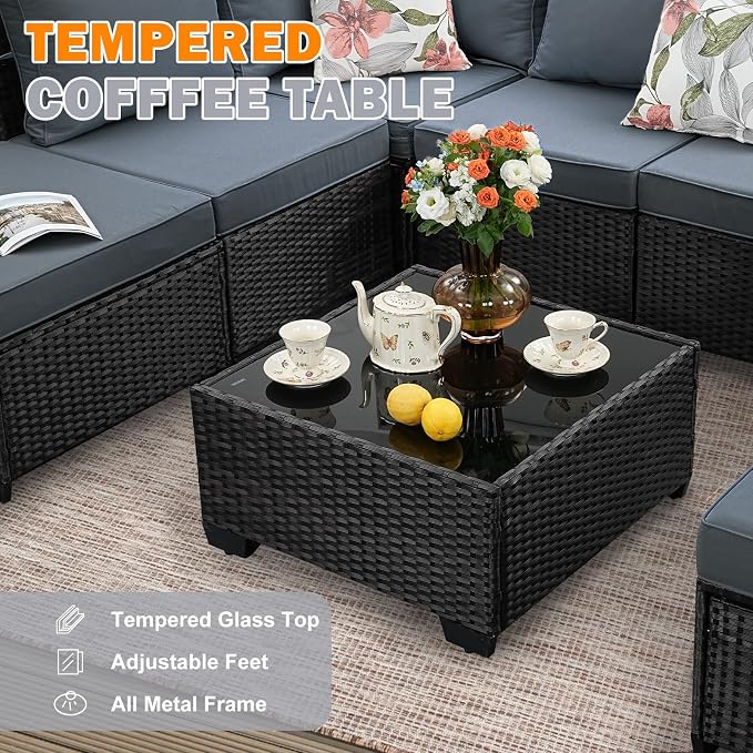 8 Pieces Patio Furniture Set, Wicker PE Rattan Outdoor Sectional with Cushion & Coffee Table, Patio Conversation Sofa for Garden, Backyard, Poolside, Grey
