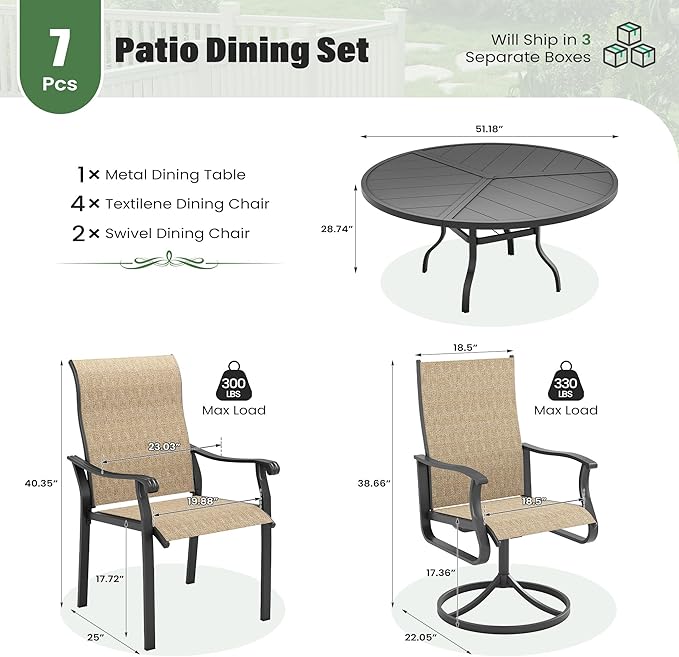 UDPATIO 7 Piece Patio Dining Set for 6, Patio Outdoor Table and Chairs, 51" Black Round Table with Umbrella Hole, Brown Patio Chairs, Patio Table with Chairs, Outdoor Dining Set for Lawn, Backyard