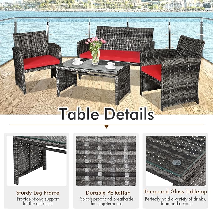 Outdoor Conversation Set, 4 Pieces Wicker Patio Furniture Set with Ergonomic Curved Design, Patio Chair Set with Water-Resistant Cushion & Tempered Glass Table for Porch, Poolside (Red)