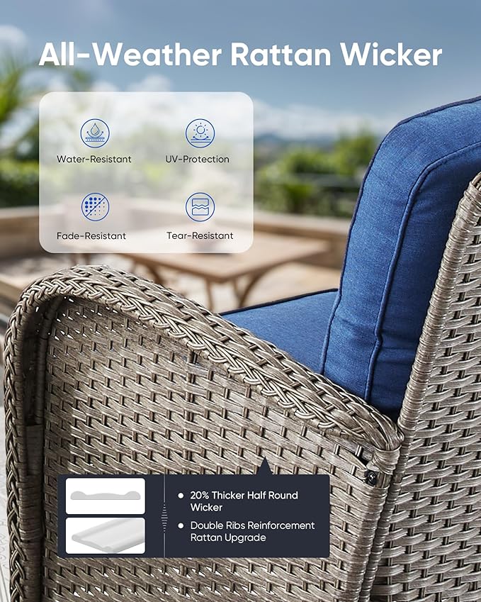 Outdoor Rocking Chairs Set of 2-Patio Table and Chairs Set Outdoor Conversation Furniture Sets for Deck Porch Garden Balcony Poolside-Grey/Blue