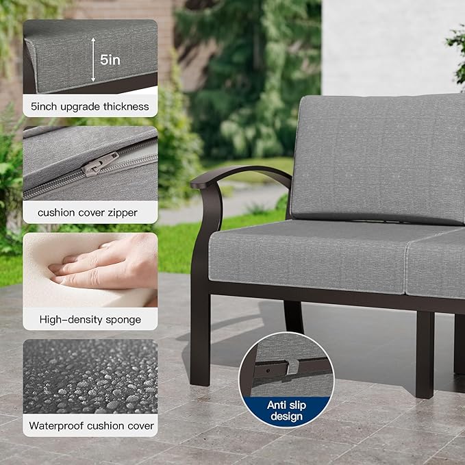 Kullavik Aluminum Patio Furniture Set,6 Pieces 7 Seat Sectional Metal Outdoor Furniture Conversation Set w/5.1" Cushions,Swivel Rocking Chairs Set,Grey