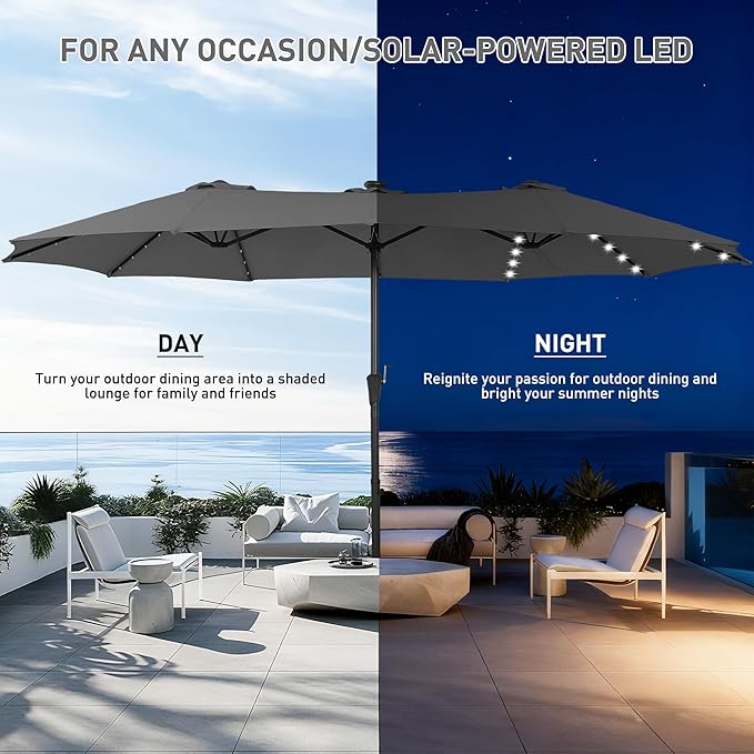 15 ft Patio Umbrella with 48 LED Lights, Large Rectangle Outdoor Solar Umbrella with Matching Base, Strap, Crank, Grey