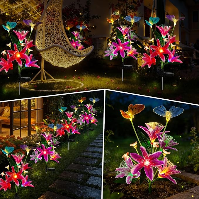 Solar Flower Lights Outdoor Garden Gifts Mother Day Decor,2Pack Color Changing Lilies Flowers with Flying Butterfly and Bee,Lily Flower Solar Lights Outside for Path Yard Patio Lawn Grave Spring Decor