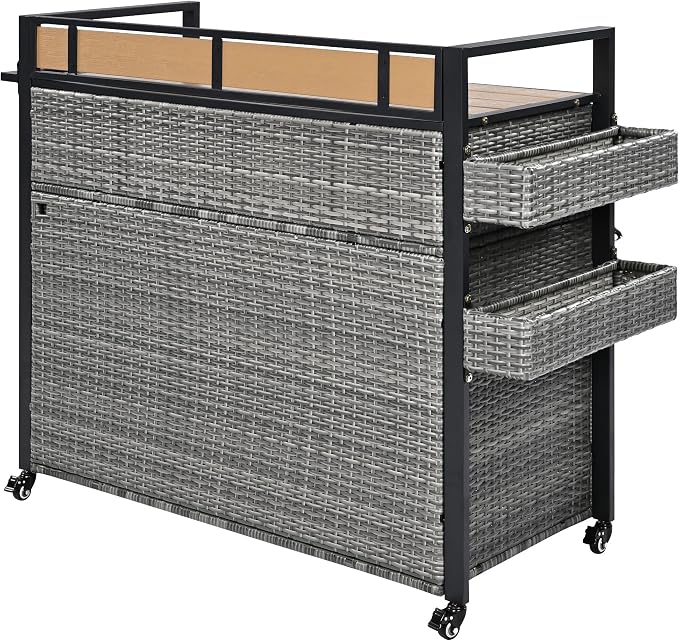 Merax Outdoor Bar Table & Storage Cabinet, Wheels and Drop Leaf Table Top, Patio Bar Table with Raised Shelf for Patio Kitchen or Bar Cart, Grey