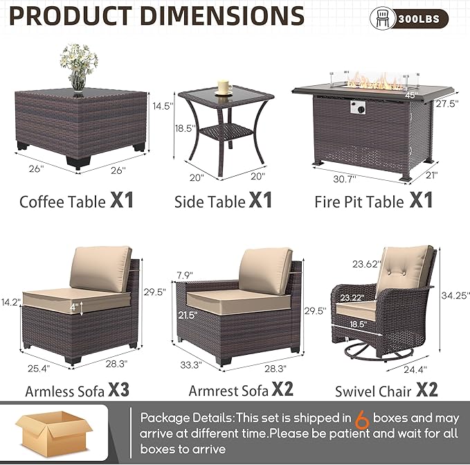 Patio Furniture Set 10 Pieces Outdoor Furniture Patio Conversation Set w/43in 55000 BTU Propane Fire Pit Table,PE Rattan Wicker 10 Pcs Outdoor Sofa Set w/Swivel Rocking Chairs,Sand