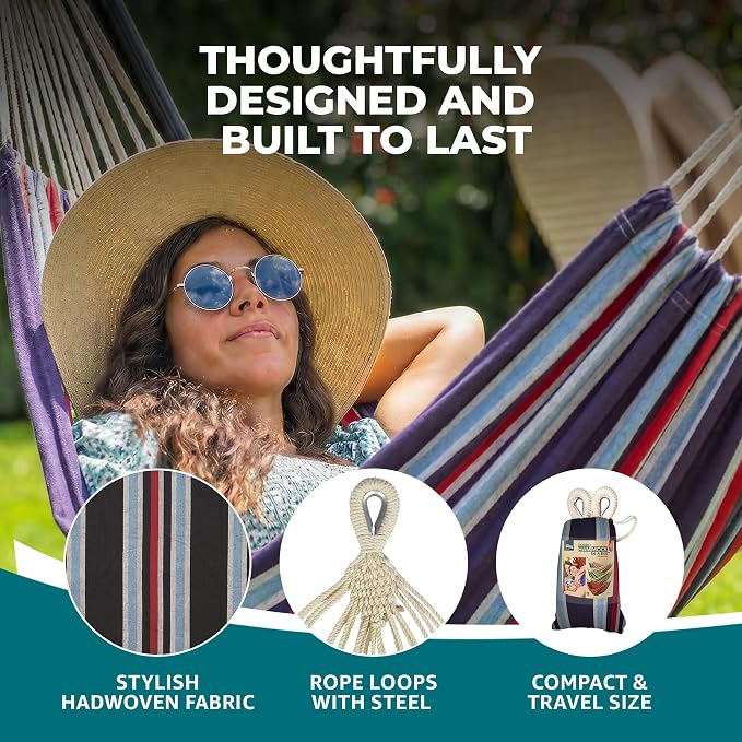 Bliss Hammocks 60" W Double Outdoor Hammock with Hand-Woven Rope Loops & Tree Straps, Patio, Durable, Cotton/Polyester, 265 Lbs Capacity, Patriotic Stripe