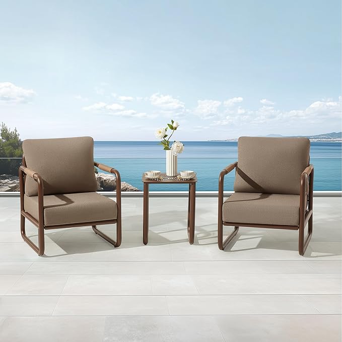 MBY Outdoor Aluminum Patio Furniture Set, 2-Seats Patio Conversation Sofa Set with Coffee Table and 6.7" Thickened Cushions, All Weather for Pool, Garden-Brown