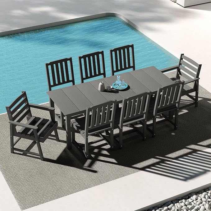 9-Piece Outdoor Dining Set for 8, 75.2" HDPE Table with Umbrella Hole & 8 Chairs, All-Weather Patio Furniture for Lawn, Yard, Deck, or Poolside, Fade & Crack Resistant (Grey)
