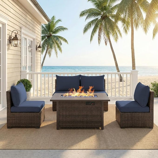 5 Pieces Patio Furniture Set with Fire Pit Table, Outdoor PE Rattan Sectional Sofa with Soft Cushions for Backyard, Porch, and Poolside (Blue, 5 PCS w/Firepit)