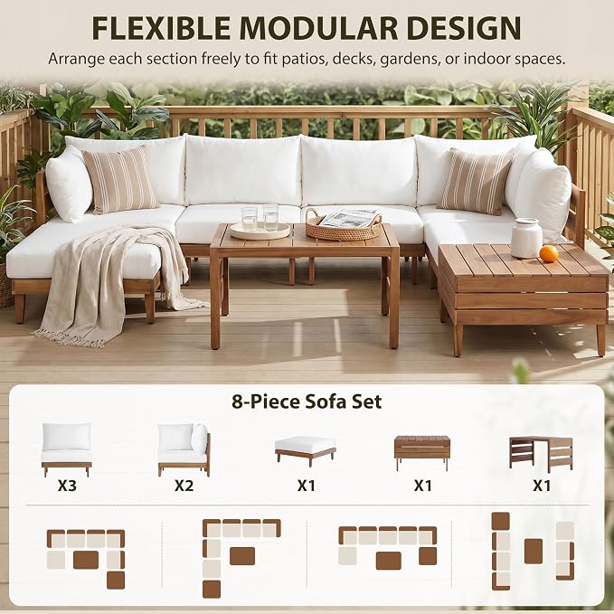 VilroCaz 8-Piece Acacia Wood Outdoor Patio Sofa Set, Modular Sectional Furniture Set with Storage Tea Table, Coffee Table, All-Weather Conversation Set with Cushions for Backyard Poolside
