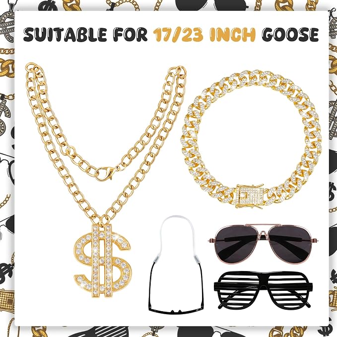 Porch Goose Statue 5pc Accessory Combination Set, Hip Hop Goose Accessories Kit with Chains Sunglasses Strap for 23 Inch Goose, Cool Street Style Yard Garden Decor (Hip-hop 5PC)