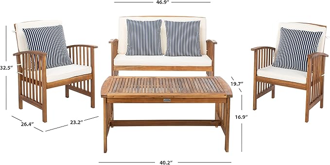 SAFAVIEH Outdoor Collection Rocklin Natural/ Beige Cushions/ Thin Stripe Pillows 4-Piece Conversation Patio Set