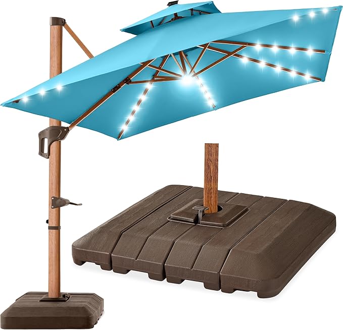 Best Choice Products 10ft Square Cantilever Patio Umbrella w/Base Included, Woodgrain Pattern Pole & Solar LED Lights, 360-Rotation, Offset Hanging Outdoor Shade