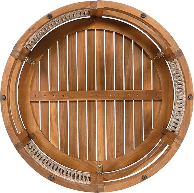 GDFStudio 27.95" Acacia Wood Outdoor Coffee Table, Handwoven Rope Accents, All-Weather Resistant Boho Patio Table with Elegant Slatted Design for Garden, Poolside, Deck, Patio Spaces, Teak