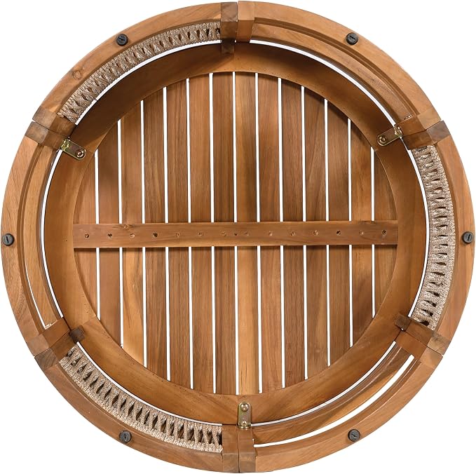 IRONORA Natural Acacia Wood Round Patio Coffee Table, Woven Rope Panel Drum Accent Cocktail Table, Slatted Top Outdoor Center Table for Backyard Balcony Living Room Coastal Farmhouse Decor