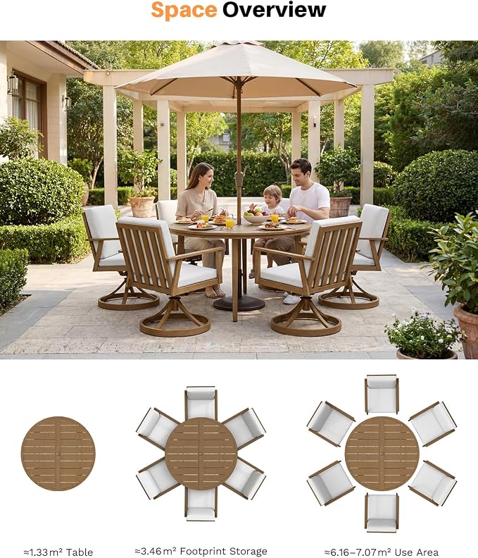 51-Inch Round Outdoor Dining Table, Aluminum Patio Dining Table with Umbrella Hole, Outdoor Round Dining Table for 6, Never-Rust Patio Table for Lawn, Backyard, Deck, and Garden, Teak