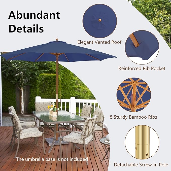 HAPPYGRILL 10 FT Wooden Patio Umbrella with Rope Pulley Lift, 8 Bamboo Ribs, 3 Adjustable Heights, Vented Roof, Outdoor Table Umbrella for Garden Poolside Backyard (Navy)