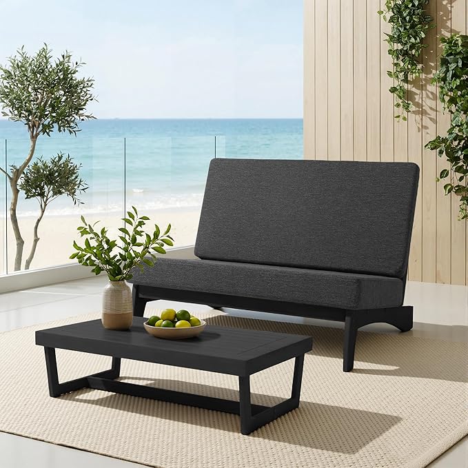 UIXE Black Wood Patio Furniture Sets, 2 Pieces All Weather Patio Loveseat Outdoor Sofa with Solid Wooden Coffee Table - Dark Gray