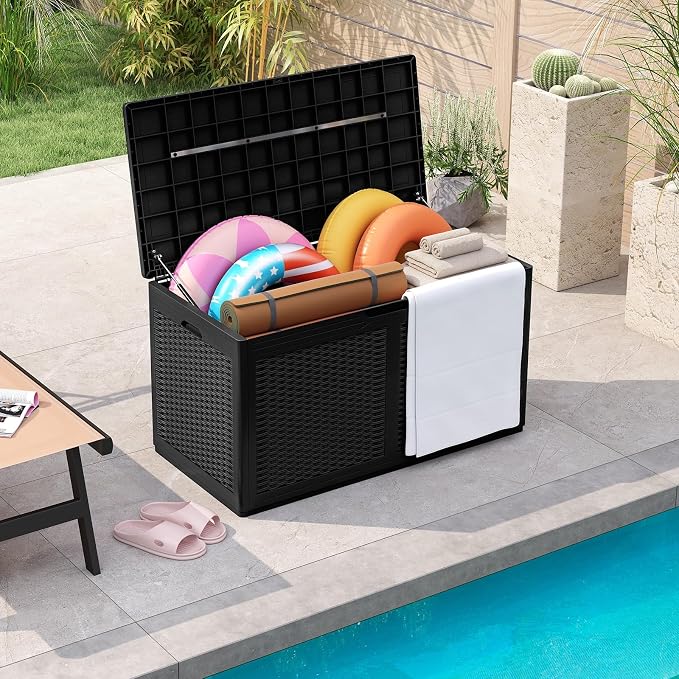 Giantex 100 Gallon Resin Outdoor Storage Box, Waterproof Deck Box w/Lockable Lid & Wheels, Rattan Storage Container Bench for Patio Cushions, Pool Accessories, Gardening Tools, 440 lbs (Black)