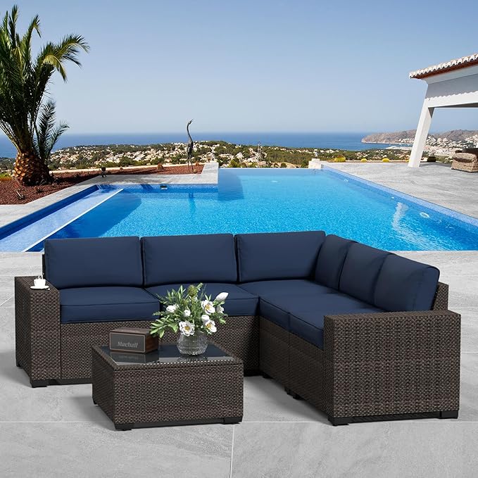 SHGJ&SOFT 6pcs Outdoor Patio Furniture Set, Waterproof Wicker Outdoor Sectional Couch with Thick Cushions, All-Weather Rattan Sectional Sofa (Dark Blue 1, 6 pcs)
