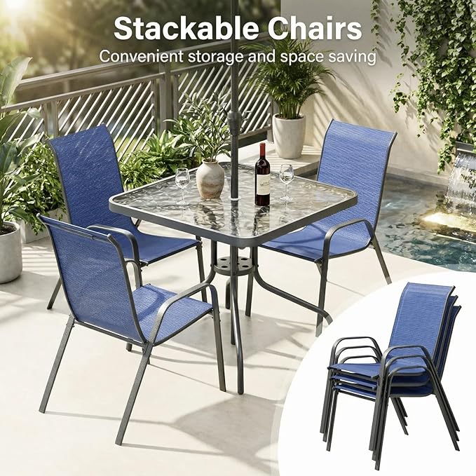 Arlopu 5 Piece Outdoor Patio Dining Set (Umbrella not Included), Porch Furniture with 4 Textline Chairs, 1 Square Glass Table for Garden, Backyard and Poolside, Lawn (Navy Blue)