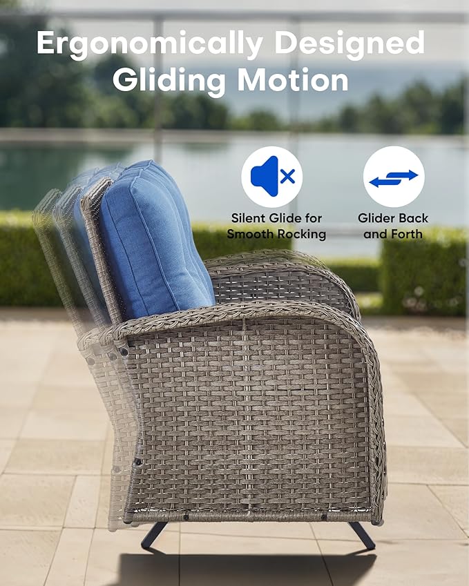 5 Pieces Patio Furniture Set-Outdoor Rocking Chairs Set of 2 Outdoor Glider Bench with Wicker Outdoor Coffee Table for Deck Lawn Porch Balcony Poolside-Grey/Blue
