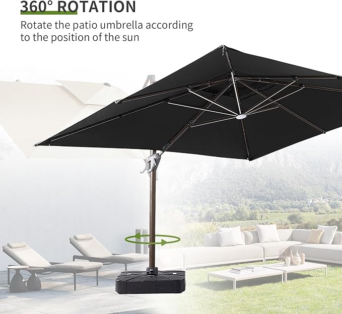 JZAC & QZYD 10X13 FT Outdoor Cantilever Patio Umbrella with Base Included and LED Lights, Large Heavy Duty 2-Tier Aluminum Offset Umbrellas with 360-Degree Rotation for Pool Deck, Black