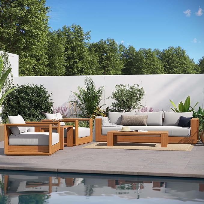 Modway Tahoe Acacia Wood 5-Piece Outdoor Patio Furniture Set in Natural Light Gray - Includes Lounge Chair and Sofa with Weather-Resistant Cushions, Plus Coffee Table