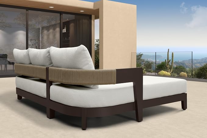 PURPLE LEAF Patio Furniture Set with Right-Arm Daybed 3 Pieces Modern Aluminum Sofa Outdoor Conversation Sets 7.87" Thick Removable Cushions and Pillows for Porch Yard Garden
