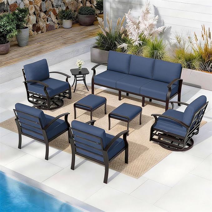 ALAULM Aluminum Patio Furniture Set with 2 Swivel Chairs 9-seat Metal Outdoor Furniture Patio Sectional Sofas Patio Conversation Set w/2 Ottomans for Patio, Backyard, Poolside-Dark Blue