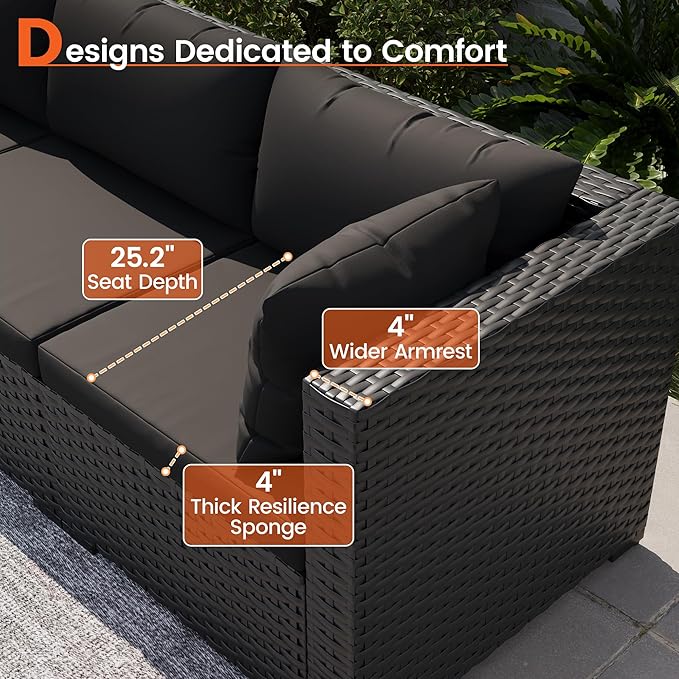 8 Piece Patio Furniture Set with 43" Fire Pit Table, Outdoor Sectional Wicker Rattan Sofa Set with Coffee Table (Black/Black)