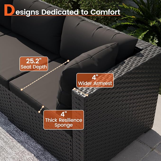 8 Piece Patio Furniture Set with 43" Fire Pit Table, Outdoor Sectional Wicker Sofa Set with Coffee Table (Black/Black)