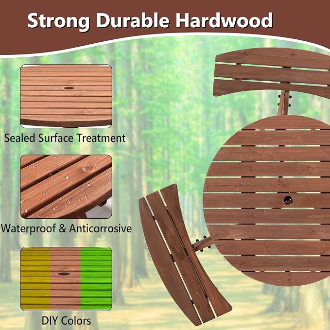 6 Person Outdoor Picnic Table, Wooden Picnic Tables with 3 Built-in Benches Table and Chairs Set with Umbrella Hole Outside Table and Bench Round Picnic Table Patio Tables for Garden, Backyard, Porch