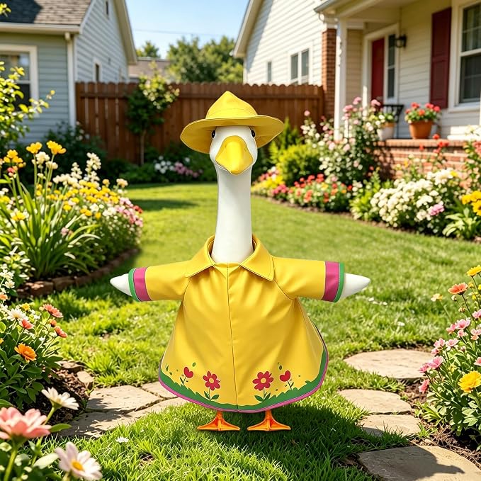 Floral Raincoat Porch Goose Outfits: 3 Pcs/Set Yellow Lawn Goose Statue Rain Coat Costume with Umbrella Hat - Summer Yard Goose Clothes for 23 Inch Goose Statue - Patio Garden Porch Lawn Outdoor Decor