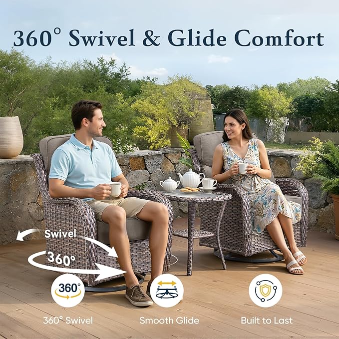 Belord Luxury 6" Thick Cushioned 10 Pieces Patio Furniture Set with Fire Pit Table, Wicker Outdoor Conversation Set with High Back Swivel Rocker Chairs for Deck Porch Yard and Poolside - Brown+Grey