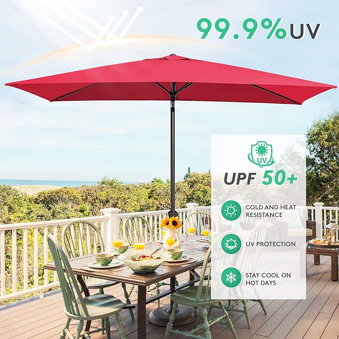 JEAREY 6.5x10ft Olefin Rectangular Patio Umbrella, Rectangle Outdoor Umbrellas with Auto Tilt Crank System, Market Table Umbrella UV Protection Fade-Resistant for Pool Deck Garden Yard, Red