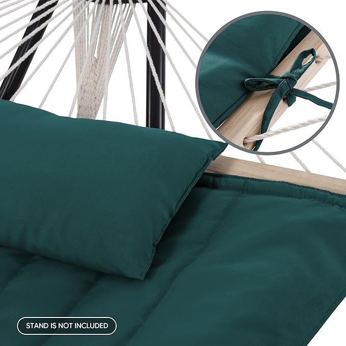 SUNCREAT Hammocks 2 Person Hammock with Hardwood Spreader Bar, Double Rope Hammock with Polyester Pad, Dark Green