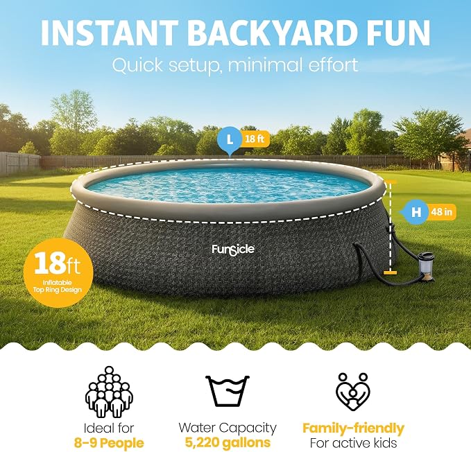 Funsicle Quickset Designer 18' x 48" Round Above Ground Swimming Pool, with FiltraBoost 1200 GPH Filter Pump, Ladder, Type C Filter Cartridge & Repair Patch, Dark Herringbone
