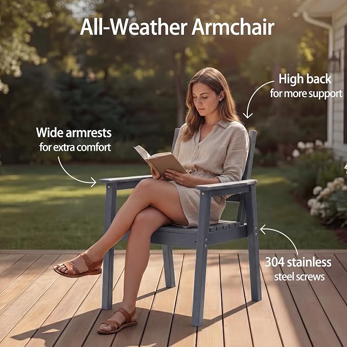 7-Piece Outdoor Dining Set, All-Weather HDPE Patio Furniture, 66.5" Slatted Table with 1.6" Umbrella Hole & 6 Ergonomic Armchairs, Heavy Duty 350lbs Capacity, UV Resistant, Gray