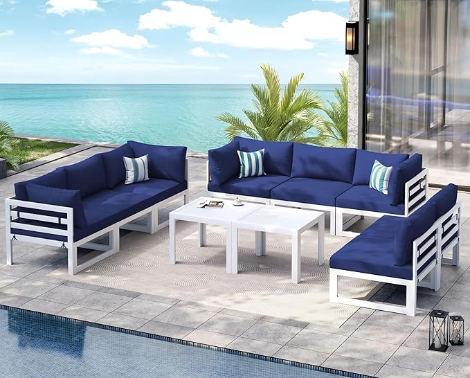 NICESOUL 8 Seat Large Modern Aluminum Outdoor Sofa, 29" Deep Wide Seated, 500 lbs Durable L Shaped Sectional Set for Heavy People, UV Resistant Modular Patio Furniture Set for Backyard Lawn, Navy Blue