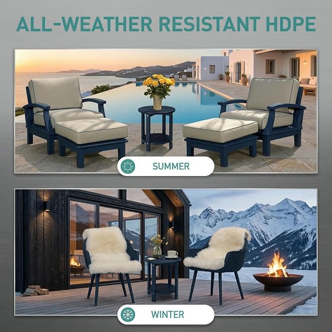 2-Tier Outdoor Side Table, Round HDPE Adirondack Table for Patio, All-Weather Resistant End Table with Storage Shelf for Porch, Garden, Deck and Poolside, 220 lbs Capacity, Navy Blue