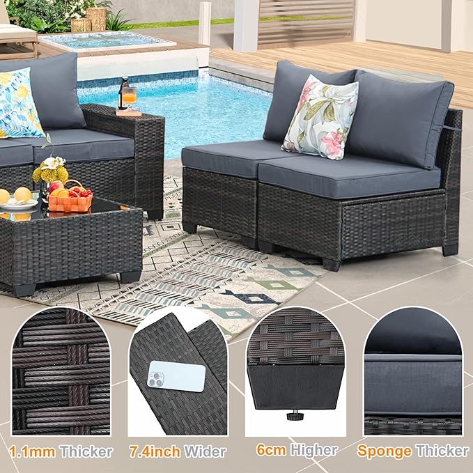 5 Pieces Patio Furniture Set,Wicker PE Rattan Outdoor Sectional with Cushion & Coffee Table, Patio Conversation Sofa for Garden, Backyard, Poolside, Grey