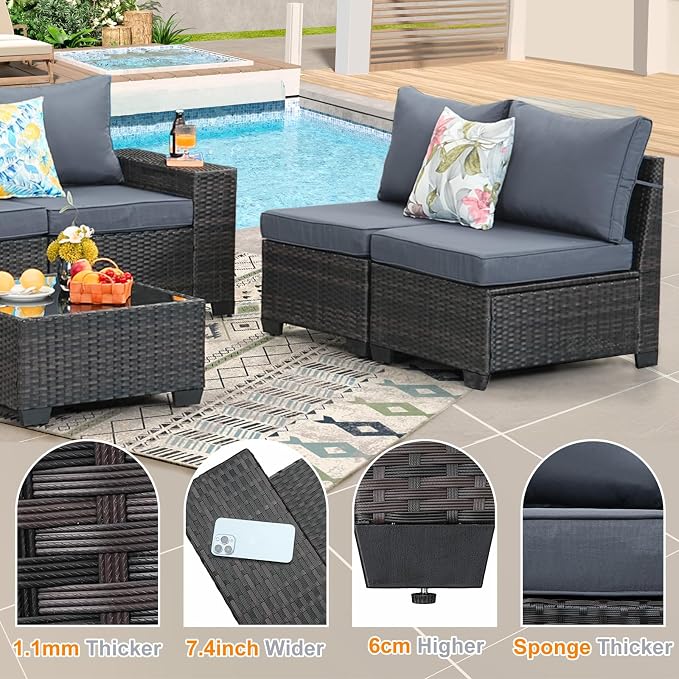 7 Pieces Patio Furniture Set,Wicker PE Rattan Outdoor Sectional with Cushion & Coffee Table, Patio Conversation Sofa for Garden, Backyard, Poolside, Grey