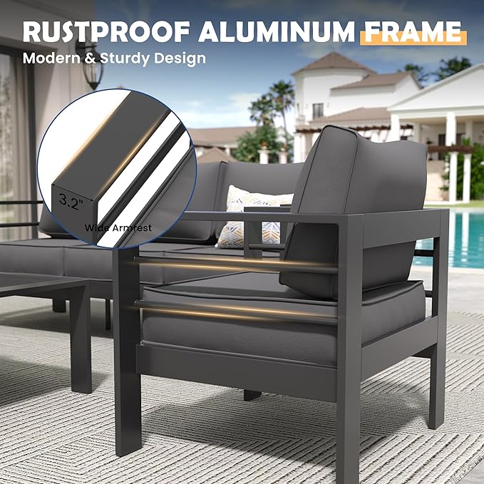 Amopatio Aluminum Patio Furniture Set, 6 Pieces Modern Patio Conversation Sets, Outdoor Sectional Metal Sofa with Coffee Table for Balcony, Garden, Dark Grey (Included Waterproof Covers)